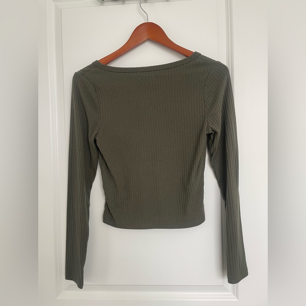 Olive Ribbed Button Sweater - Picture 3 of 4